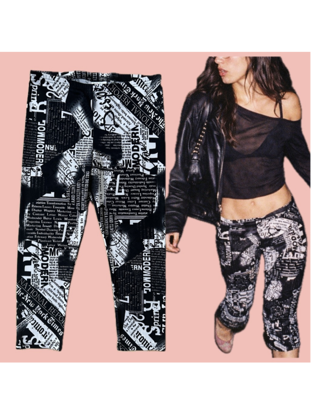 Vintage Newspaper Print Capri Leggings Made in Canada Size S – Y2K Indie Sleaze